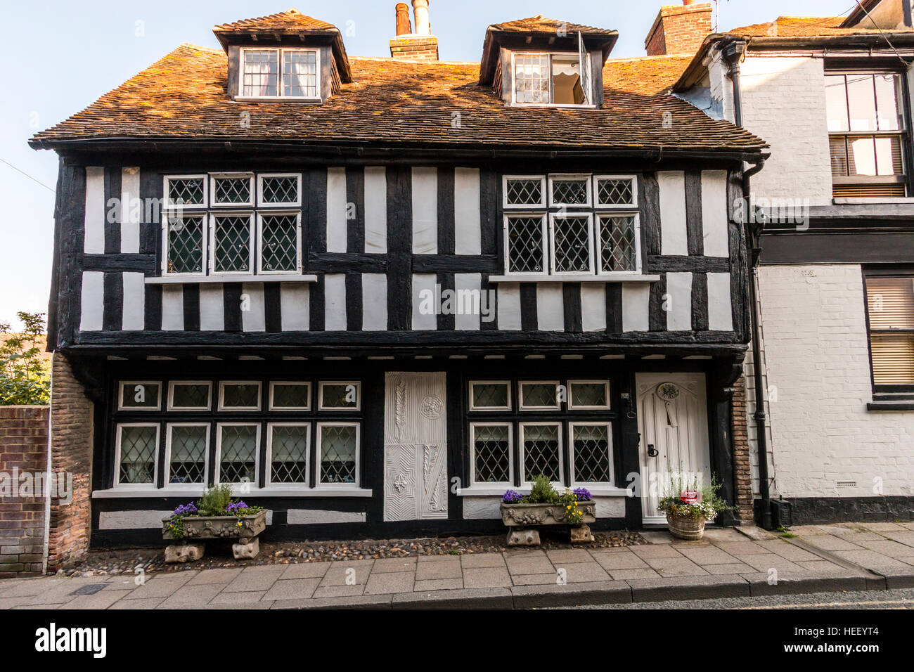 Historical English town of Rye. 15th century timber framed Tudor black and white inn, formerly 'The Forrester' public house, now 'The Old House'. Stock Photo