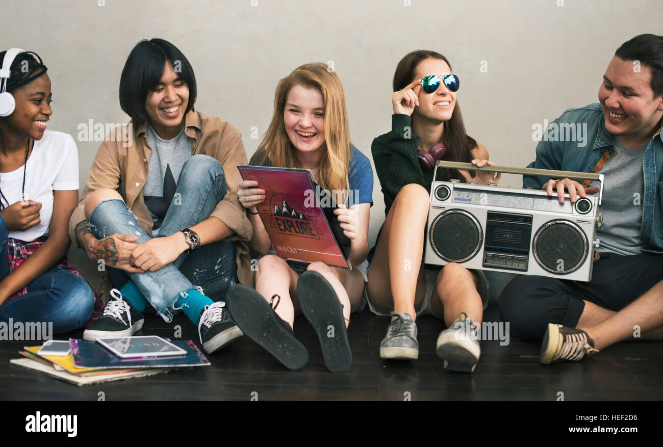 Radio Music Friends Unity Style Teens Casual Concept Stock Photo