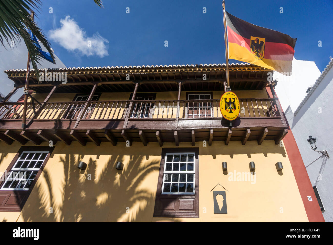 German Embassy, in historical building, german flag,  Santa Cruz, La Palma, Canary Islands, Spain Stock Photo