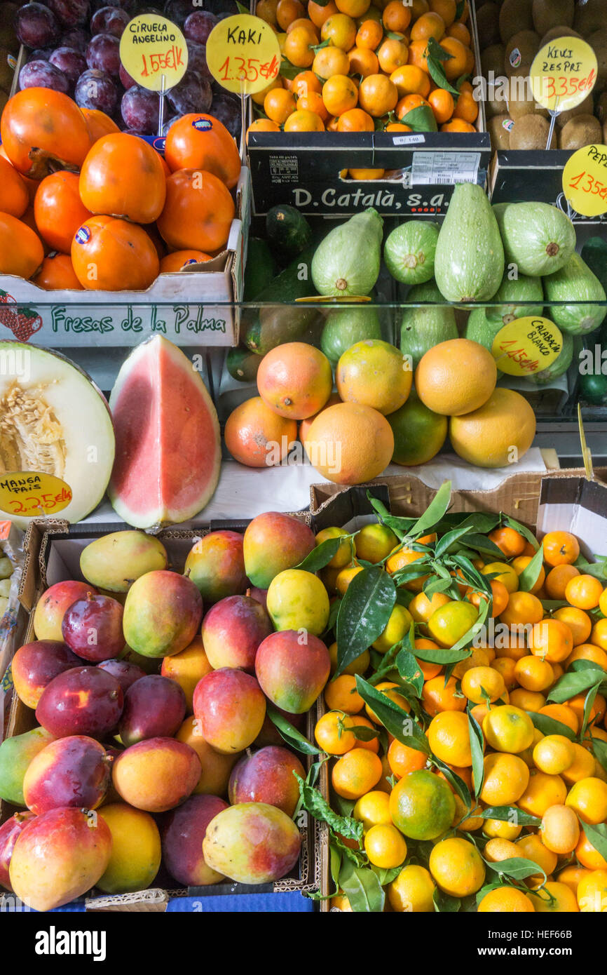 Covered market hall, fruits,La Palma, Canary Islands, Spain Stock Photo