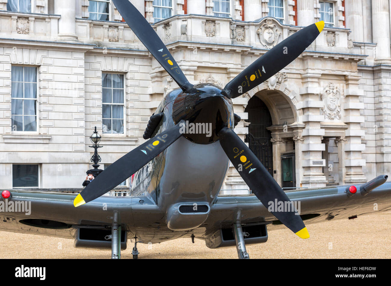 A WWII Supermarine Spitfire parked at the Horse Guards' Parade in Central London, UK. Stock Photo