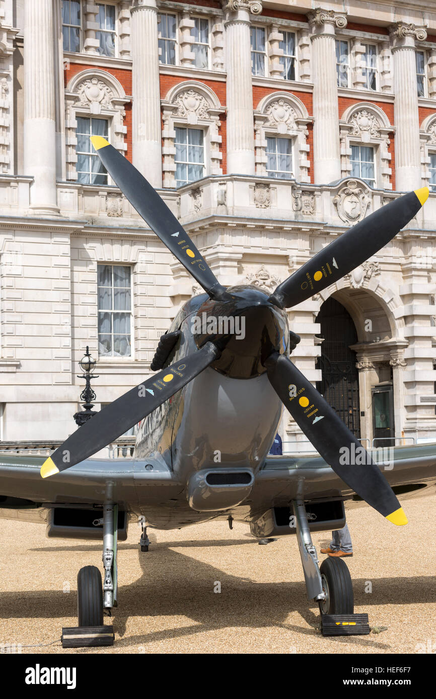 A WWII Supermarine Spitfire parked at the Horse Guards' Parade in Central London, UK Stock Photo