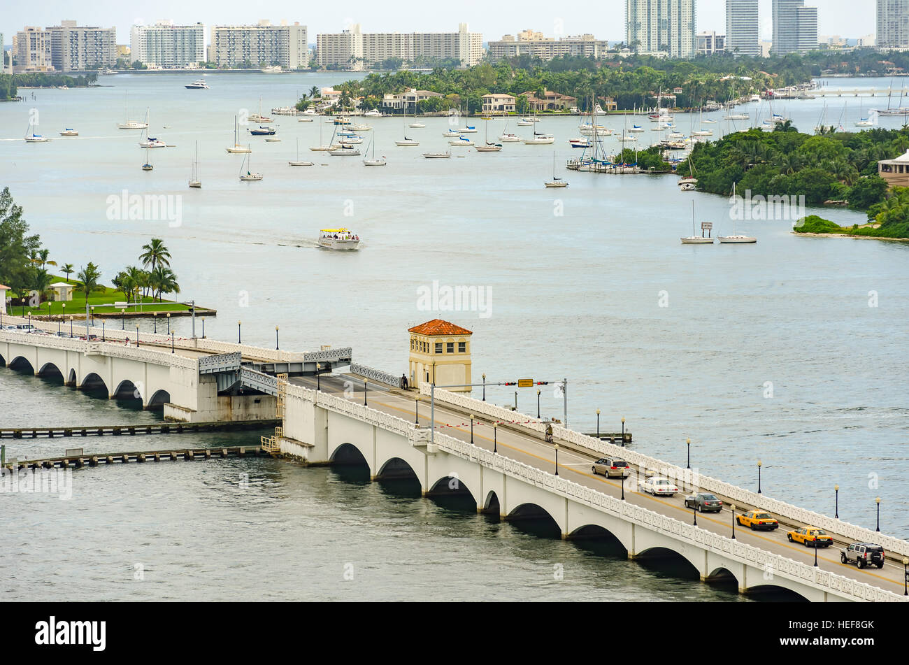 Miami, Florida, USA - October 7, 2012: Retractable Bridge and skyline of Miami South Beach seen from downtown Stock Photo