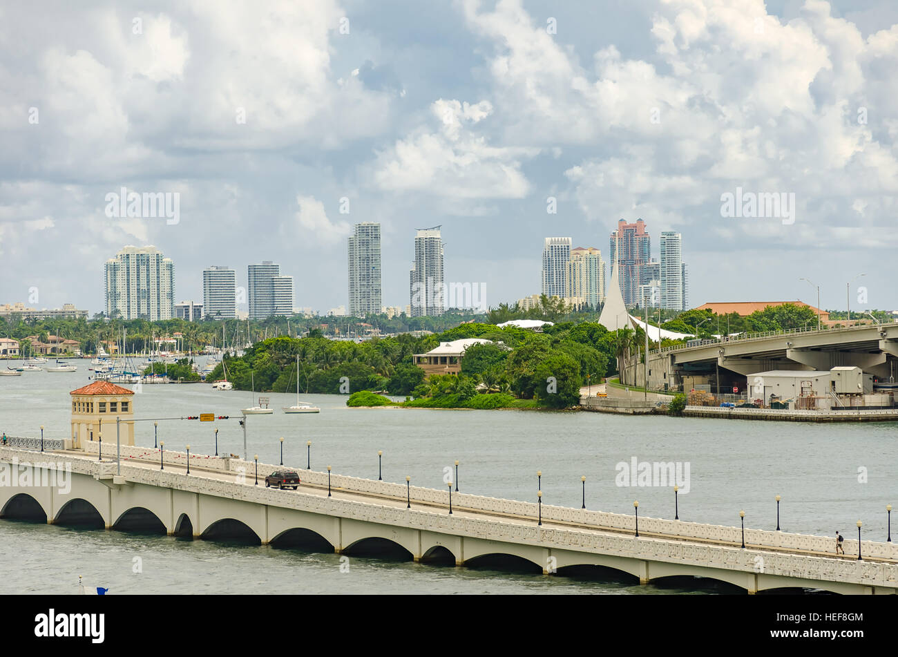 Miami, Florida, USA - October 7, 2012: Bridges and Skyline of Miami South Beach area seen from downtown in Florida Stock Photo