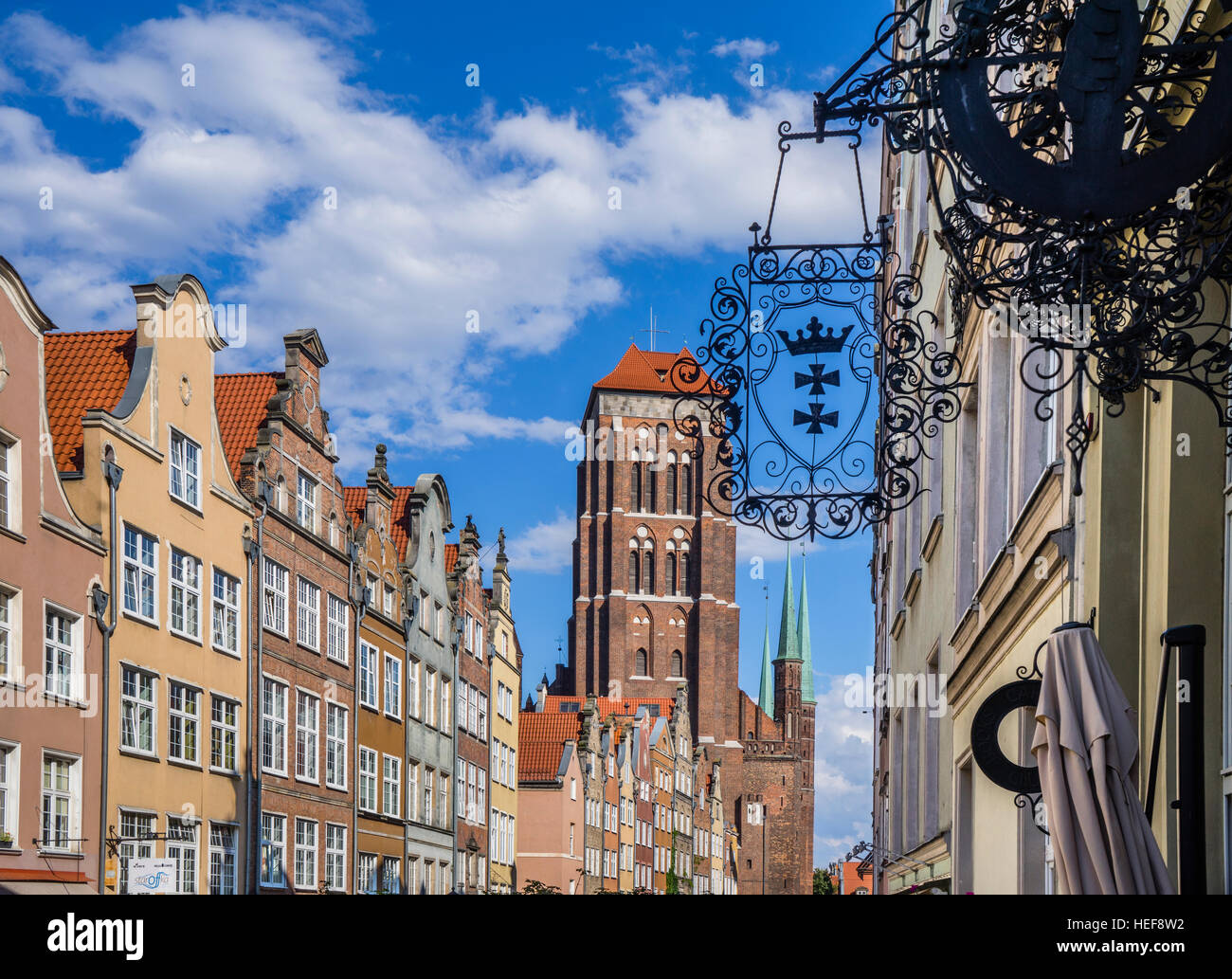 Poland, Pomerania, Gdansk (Danzig), view of the massive tower of St. Mary's Church from Ulica Pivna (Jopengasse/Beer Street) Stock Photo