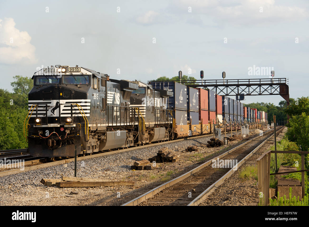 Norfolk Southern powered double-stack container train at Joliet, Illinois, USA. Stock Photo