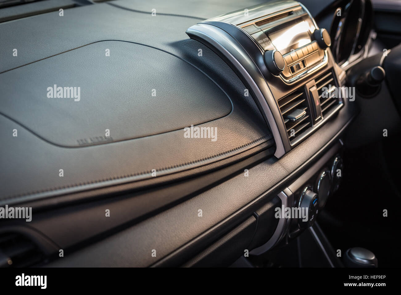 Detail of new modern car interior, Focus on stereo screen Stock Photo