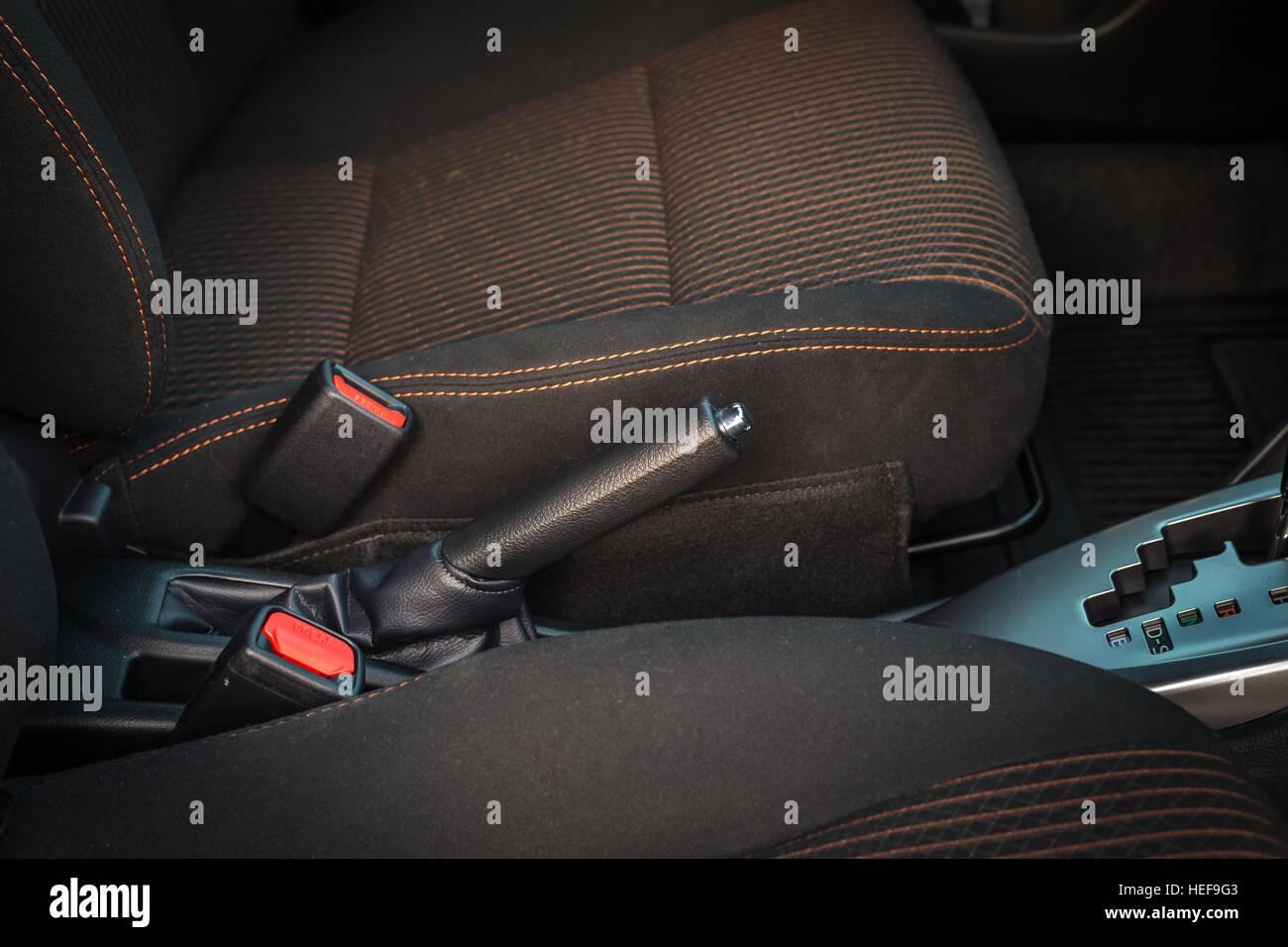 Detail of new modern car interior, Focus on hand break Stock Photo