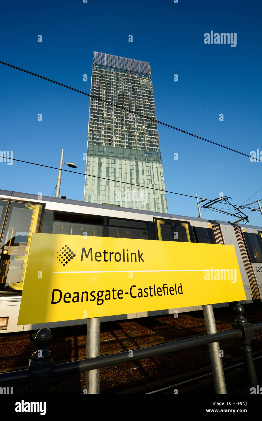 Metrolink signs at Deansgate station in Castlefields, Manchester city centre Stock Photo