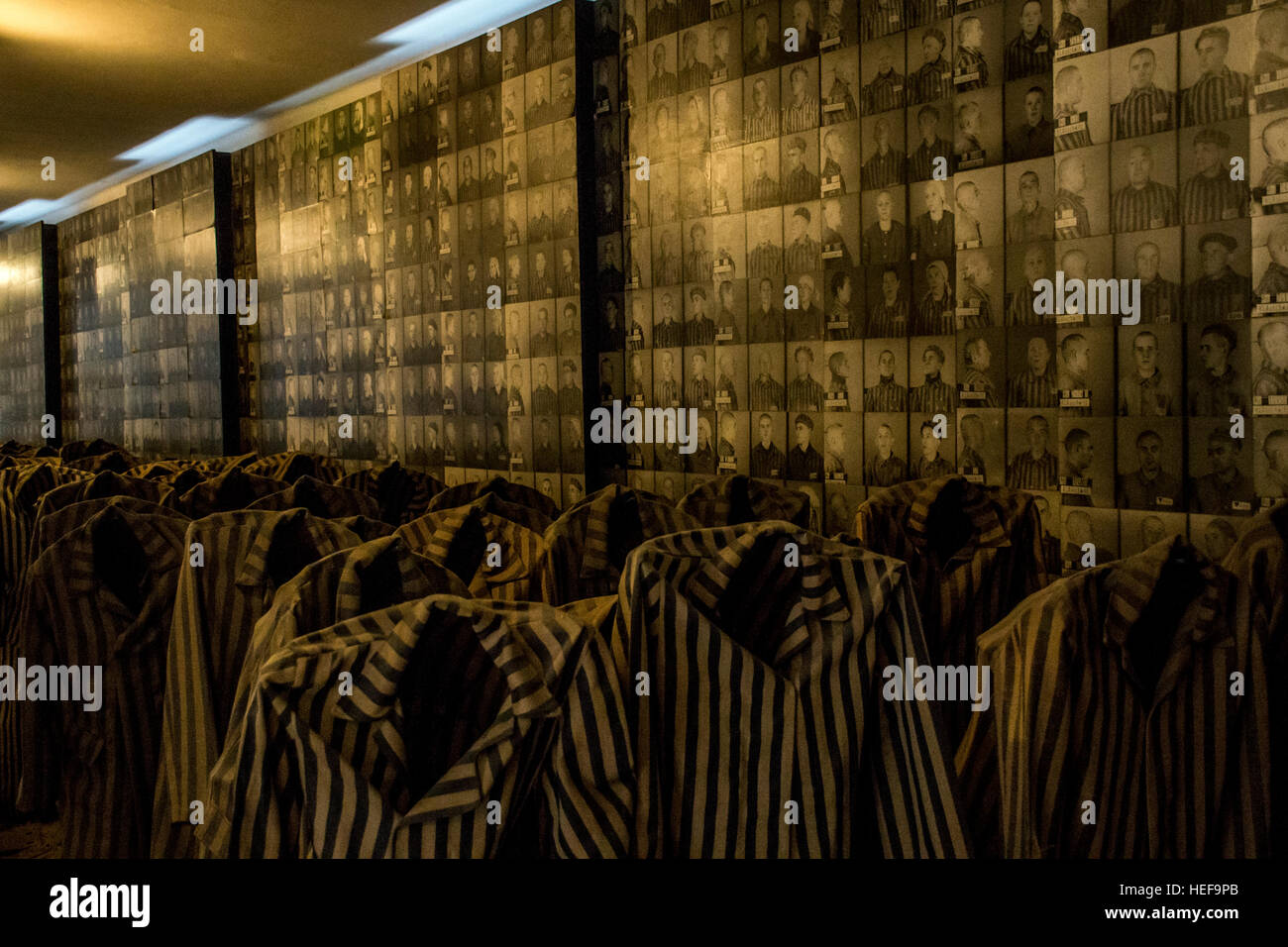 Auschwitz Birkenau Poland 10.05.2015 - Prisoners at KZ concentration camp standing uniforms Stock Photo