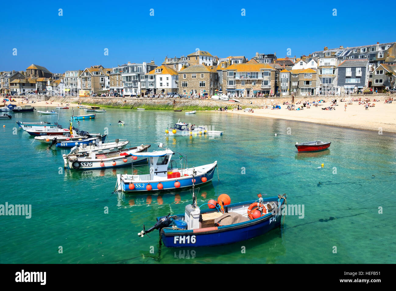 Fishing boats moored in the harbour at St.Ives, Cornwall, England, UK Stock Photo