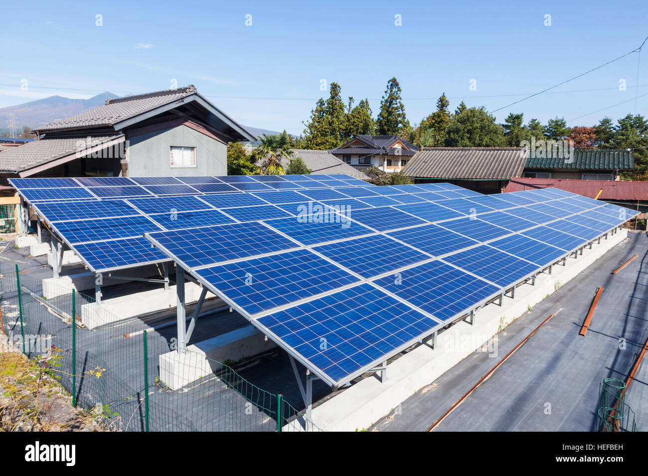 Japan, Honshu, Yamanashi Prefecture, Kobuchizawa, Solar Panels Stock Photo
