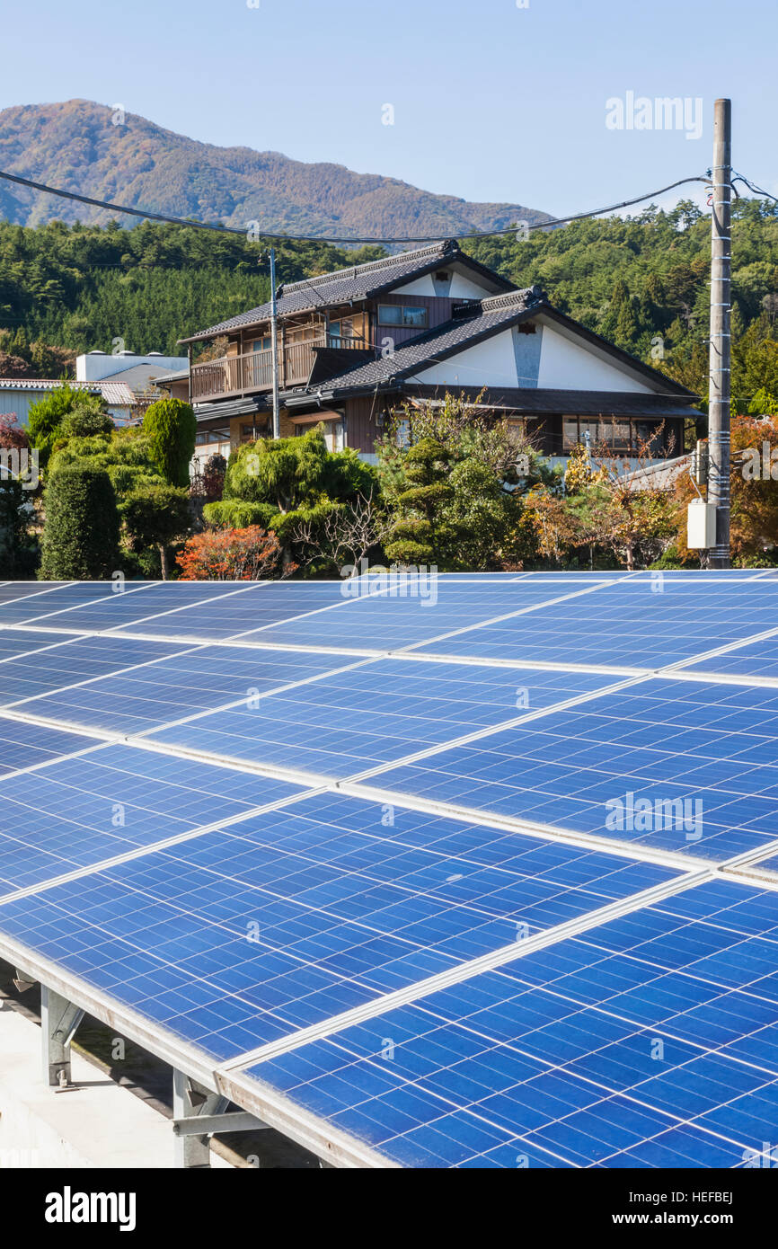 Japan, Honshu, Yamanashi Prefecture, Kobuchizawa, Solar Panels Stock Photo