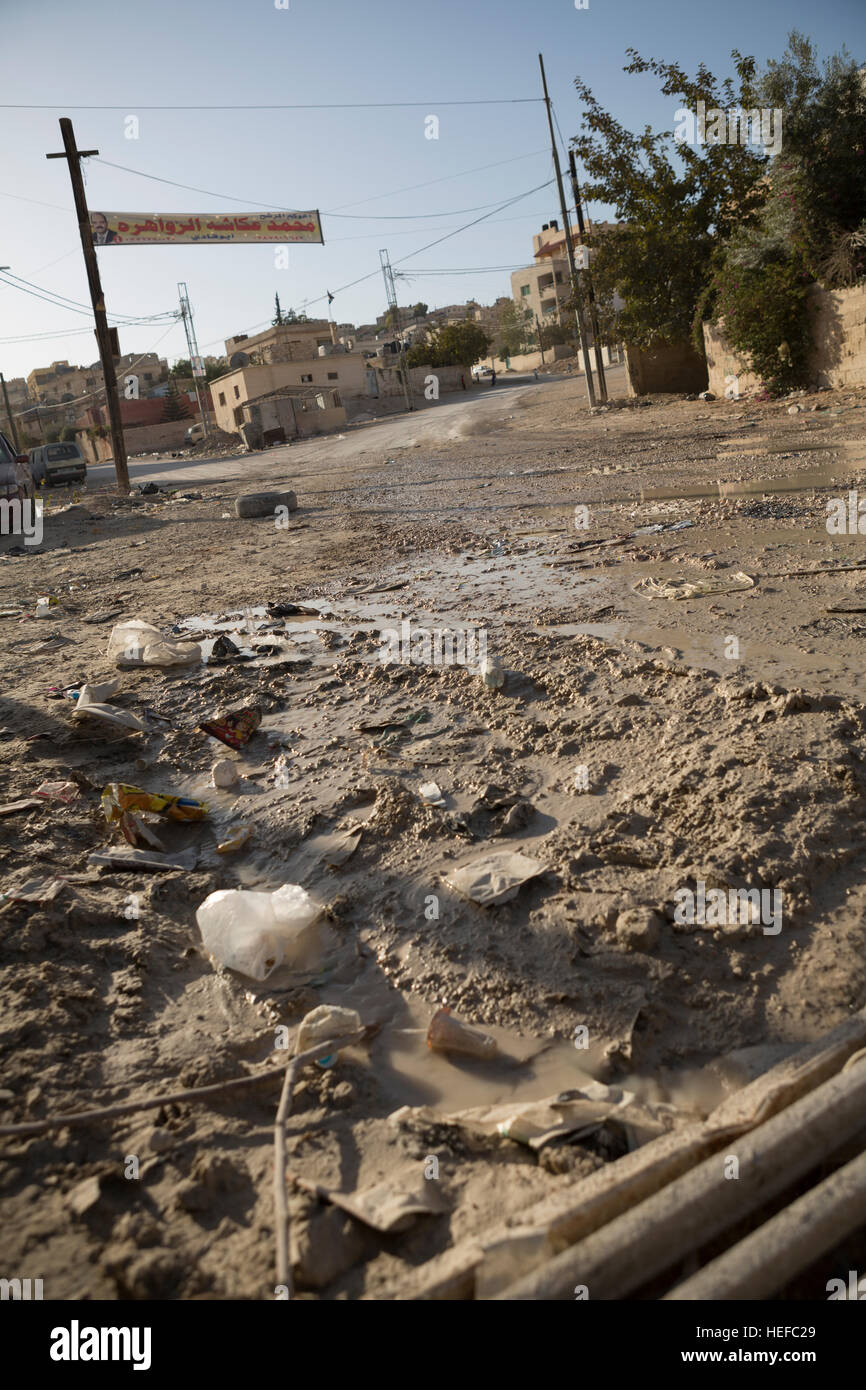 Sewage overflows in the streets of Zarqa, Jordan as a result of an overstressed wastewater treatment network. Stock Photo