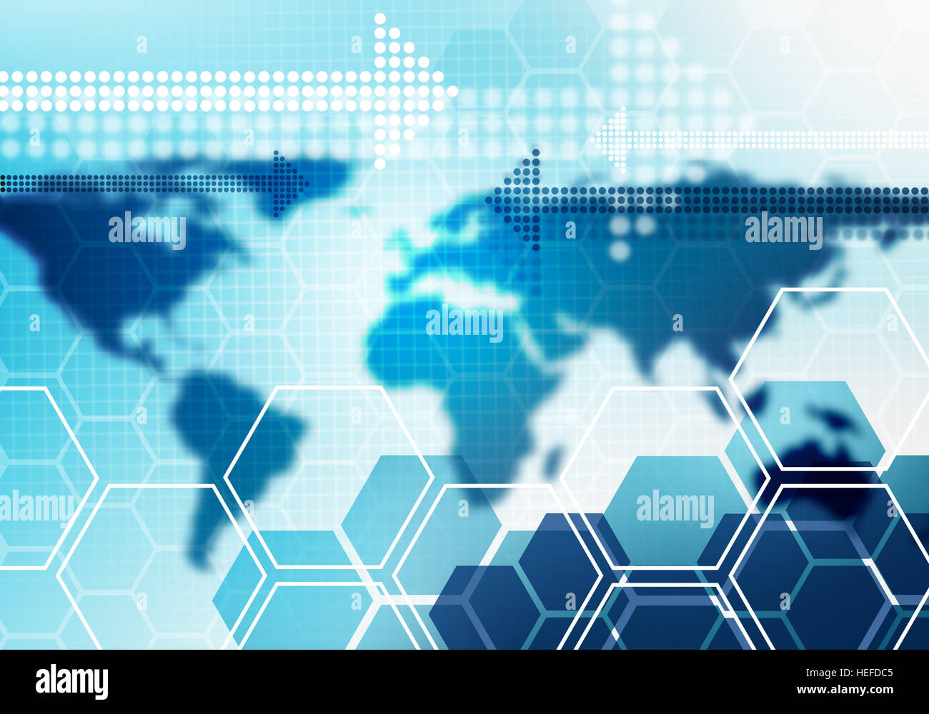 Digital conceptual gradiented image hexagon striped business technology background with arrow and blured world map for corporate brand, presentation, Stock Photo