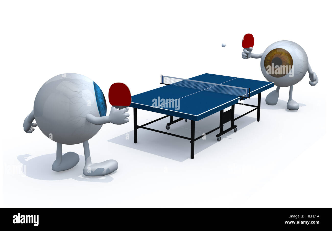 two eyeballs with arms and legs that playing to table tennis, 3d illustration Stock Photo