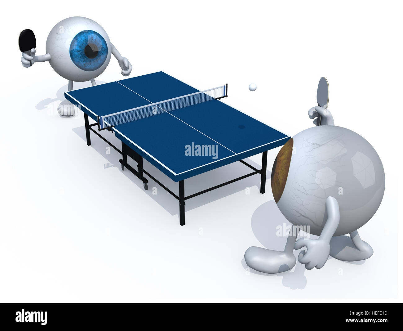 two eyeballs with arms and legs that playing to table tennis, 3d illustration Stock Photo