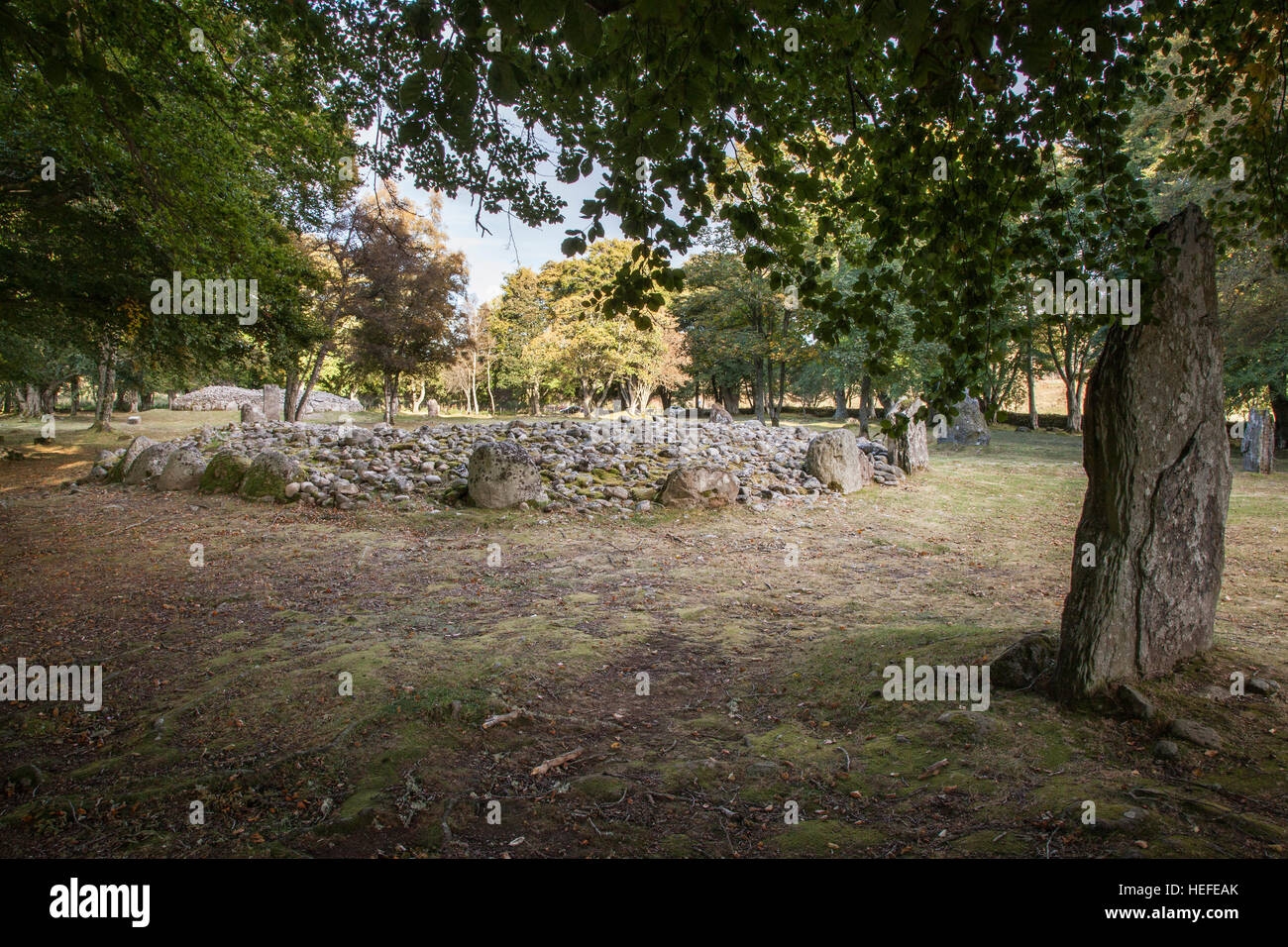 Central Ring Cairn at Balnuaran of Clava in Scotland. Stock Photo