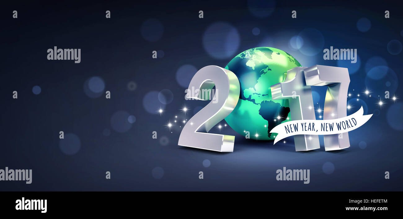 Greetings and 2017 New Year type composed with a green planet earth, on a glittering black background - 3D illustration Stock Photo