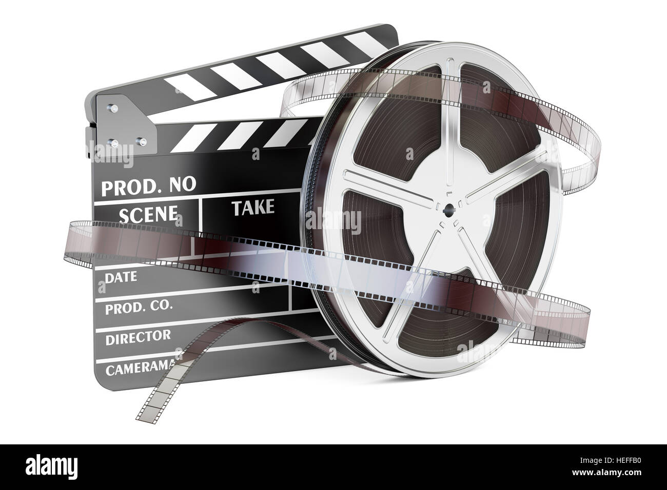 Cinema and cinematography concept. Clapperboard with film reels, 3D rendering isolated on white background Stock Photo