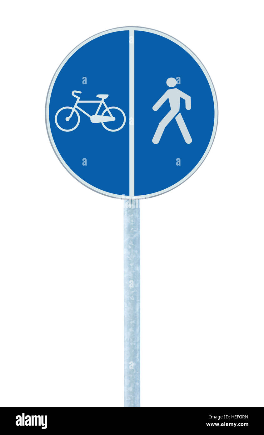 Bicycle and pedestrian lane road sign on pole post, large blue round