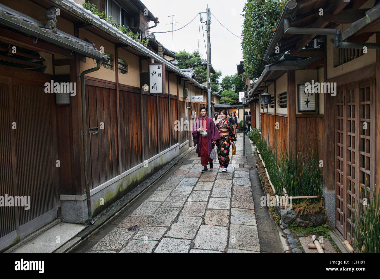 Traditional wooden homes in Ishibei Koji Lane, Kyoto, Japan Stock Photo