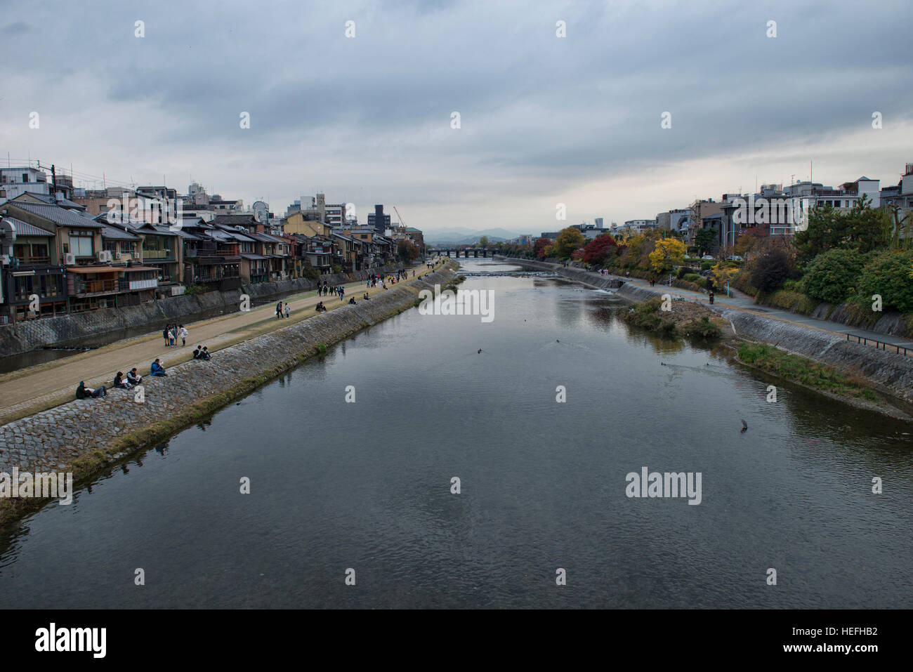 Banks of the Kamo River Kyoto, Japan Stock Photo