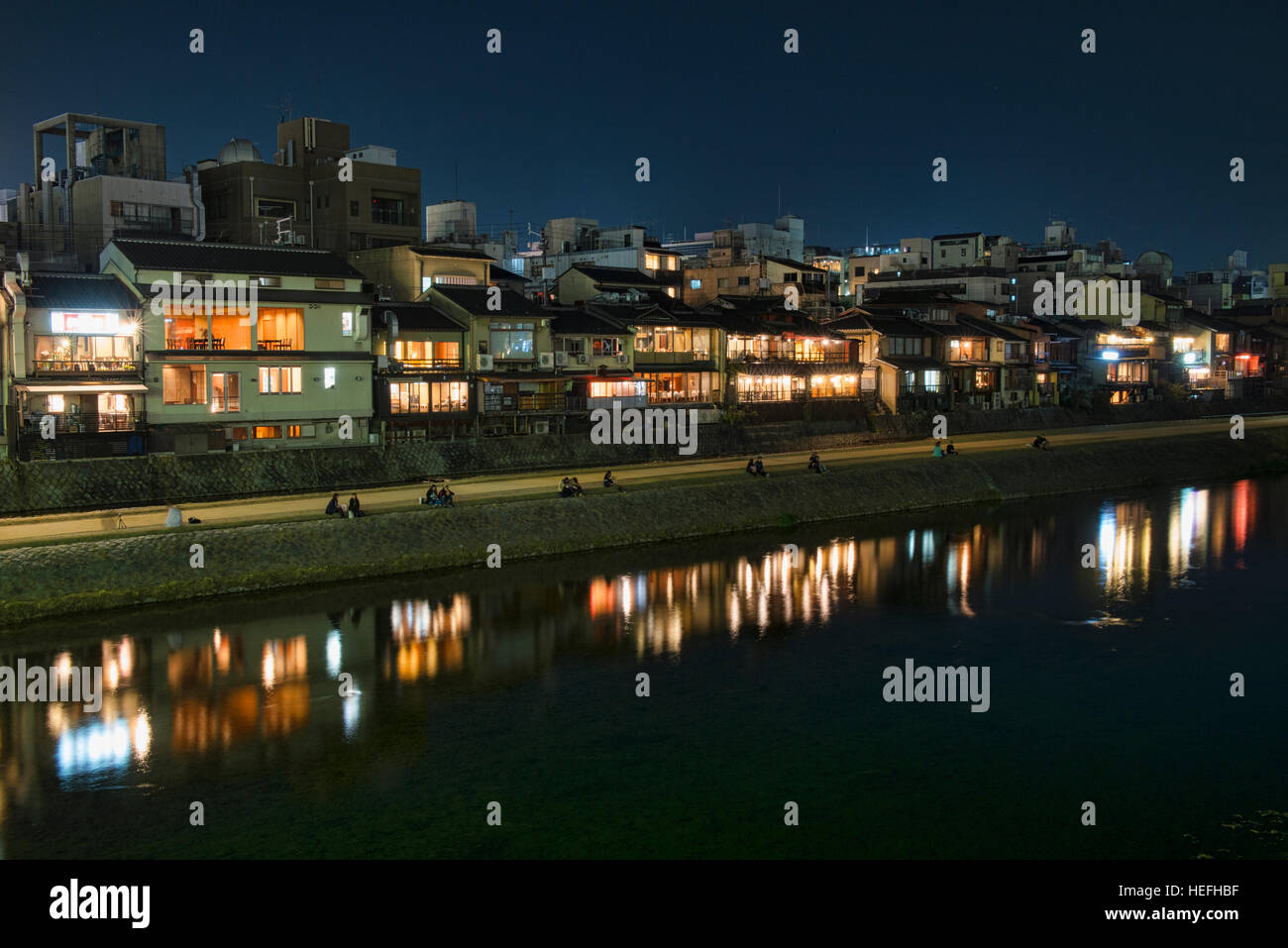 The Kamo River at night, Kyoto, Japan Stock Photo