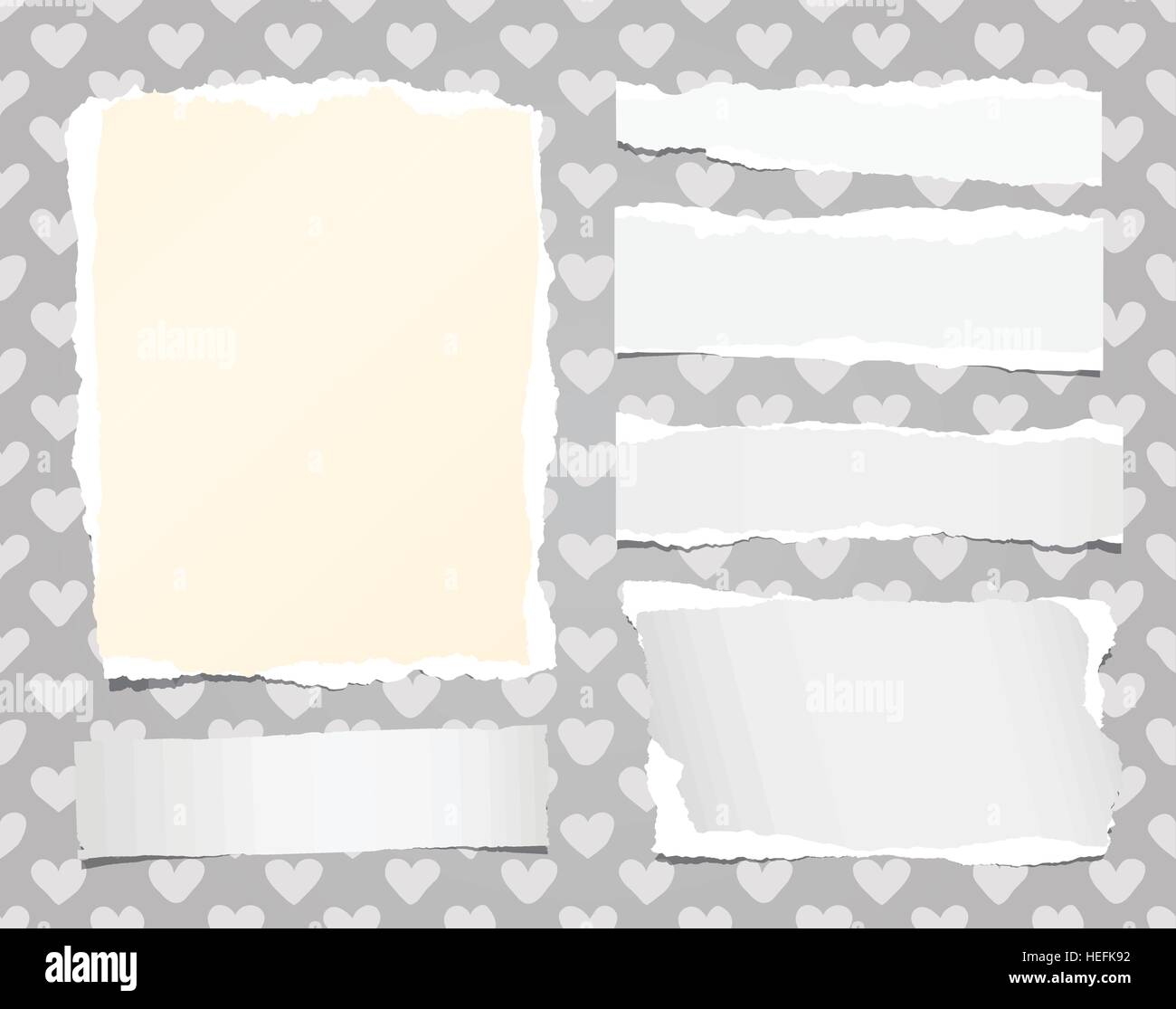 Ripped white notebook, note paper stuck on pattern created of heart ...