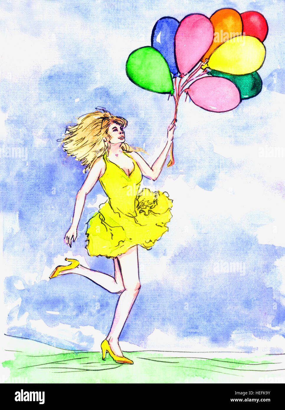 Beautiful woman in yellow dress having fun with colorful balloons in