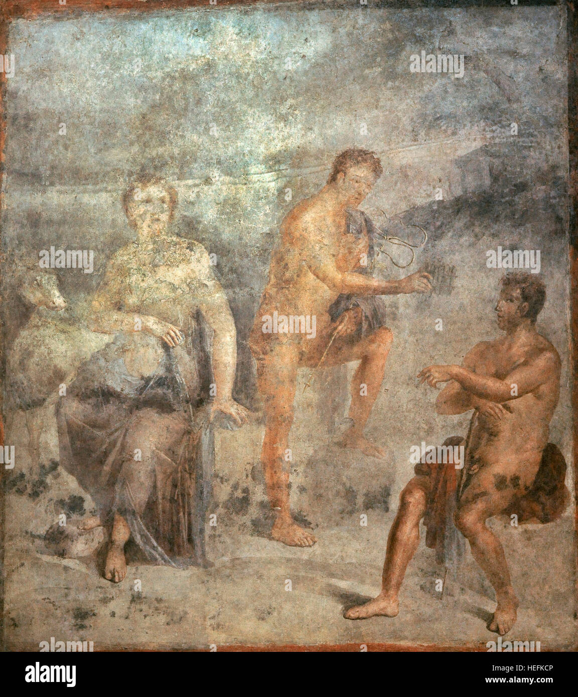 Io, Argo and Hermes. Central area of the north wall. The Ekklesiasterion, Temple Isis, Pompeii, Italy. National Archaeological Museum, Naples. Italy. Stock Photo