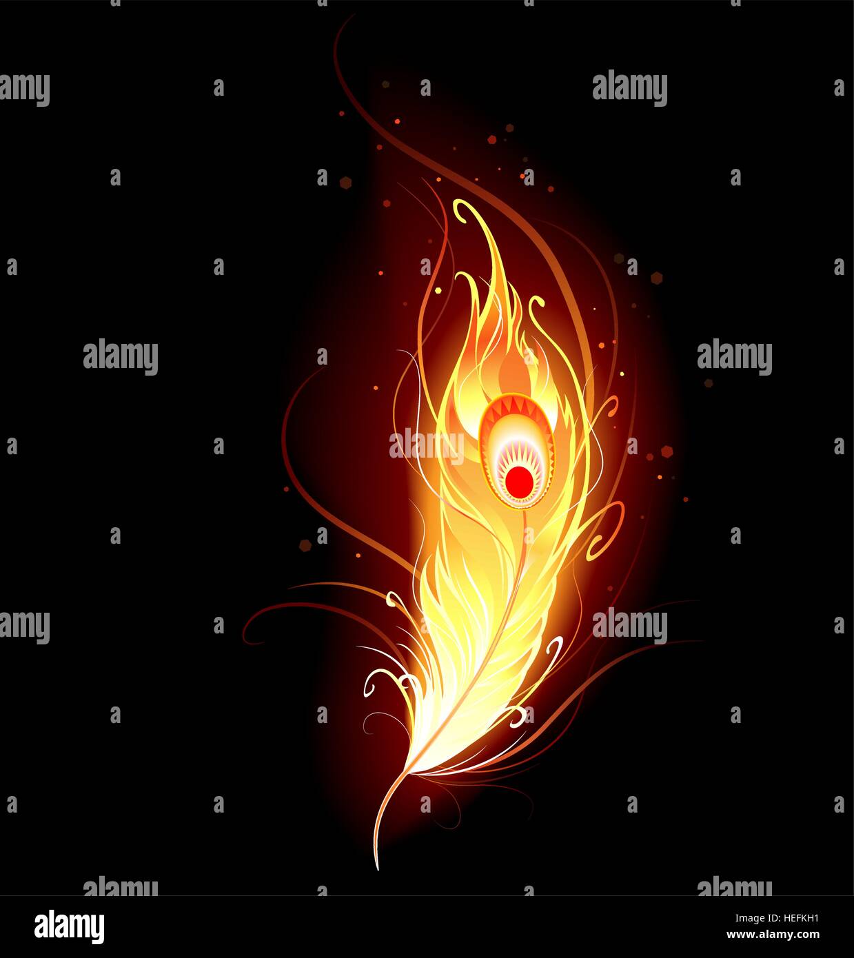 artistically drawn, flaming phoenix feather on a black background. Stock Vector