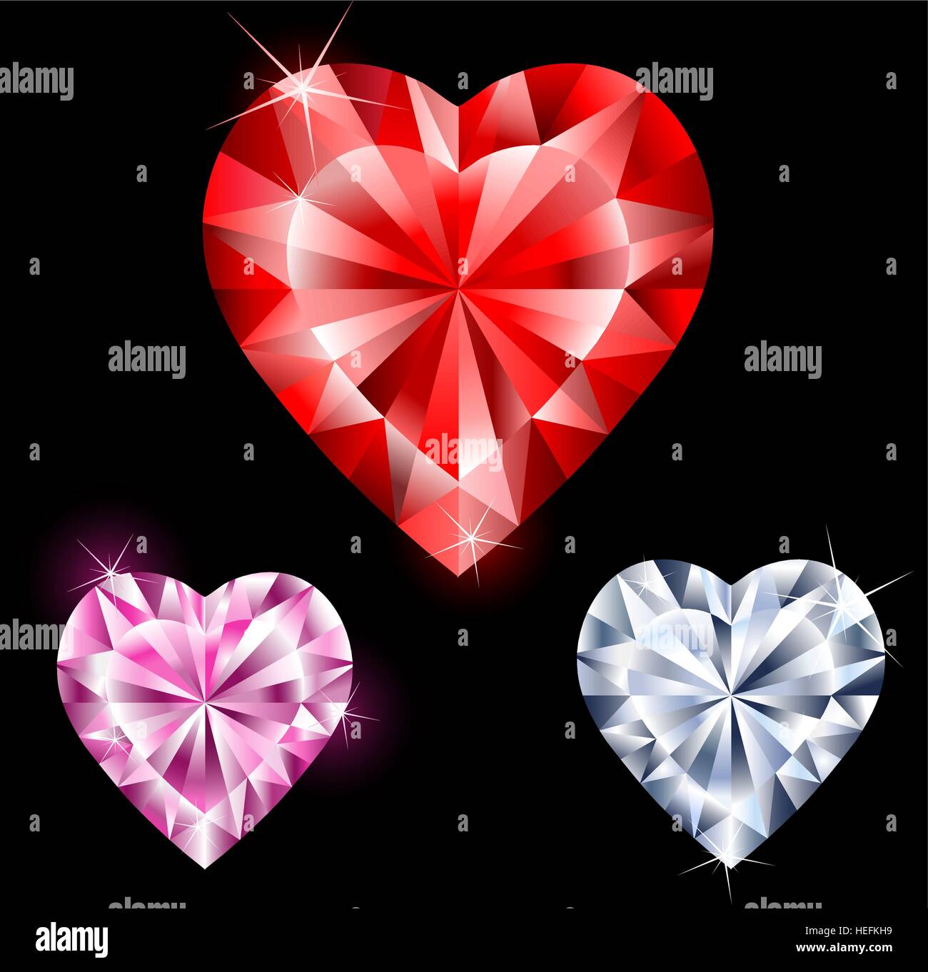 Precious stones: ruby, diamond, pink diamond, faceted heart-shaped. Stock Vector