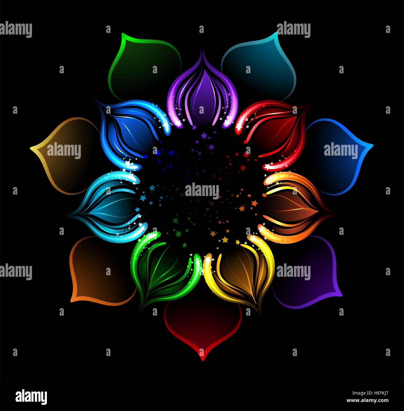 with iridescent petals of a lotus, painted bright sparks on a black background Stock Vector