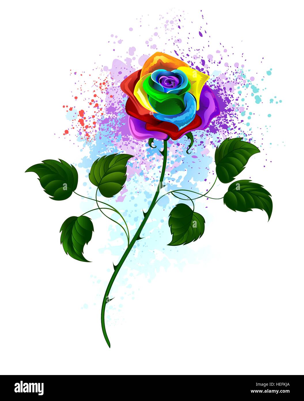 rainbow rose with a curved green stem and green leaves on a white background, shaded bright splashes of paint. Stock Vector