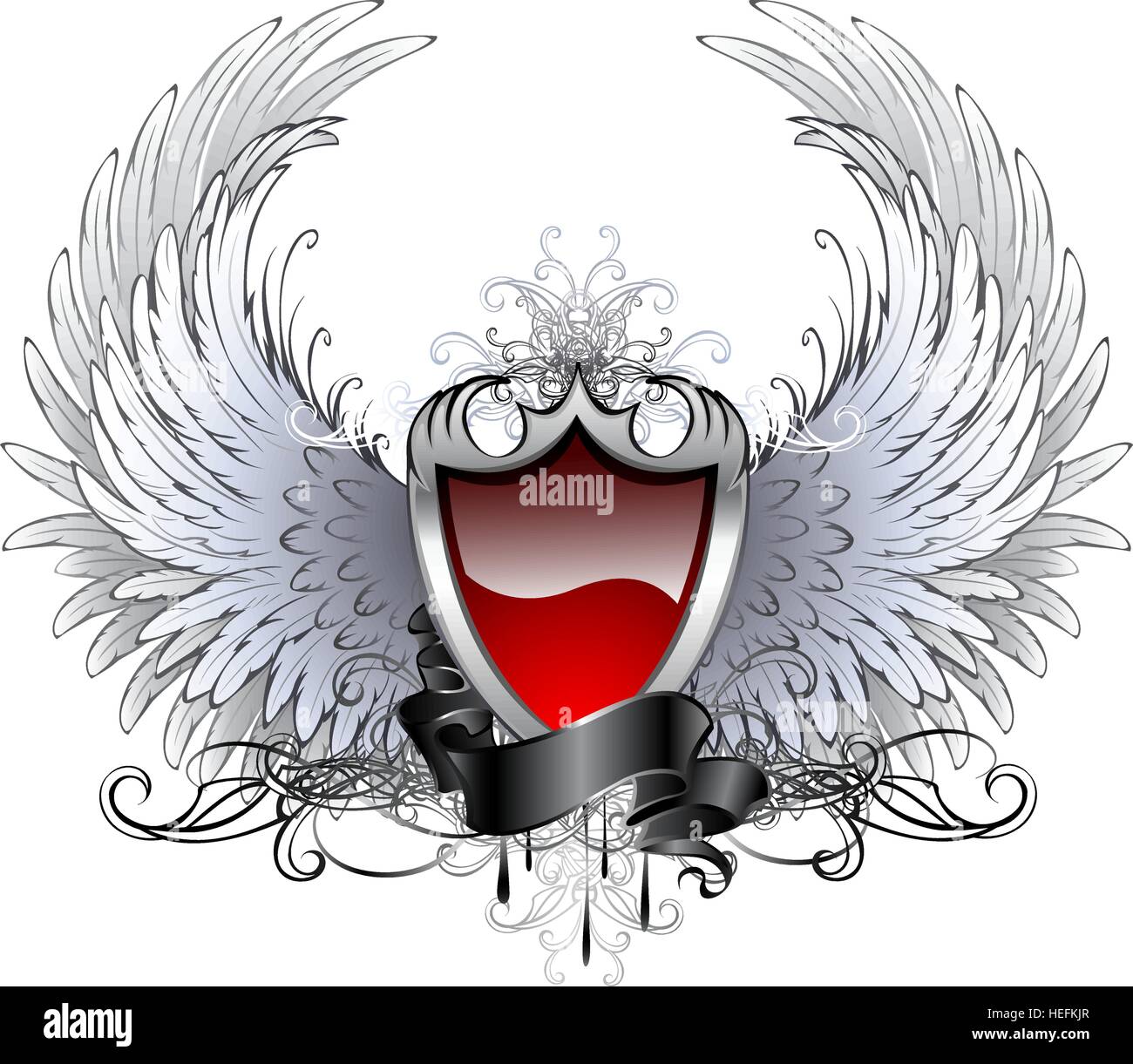 red shield with a silver stylized angel wings and dark ribbon on a white background. Stock Vector