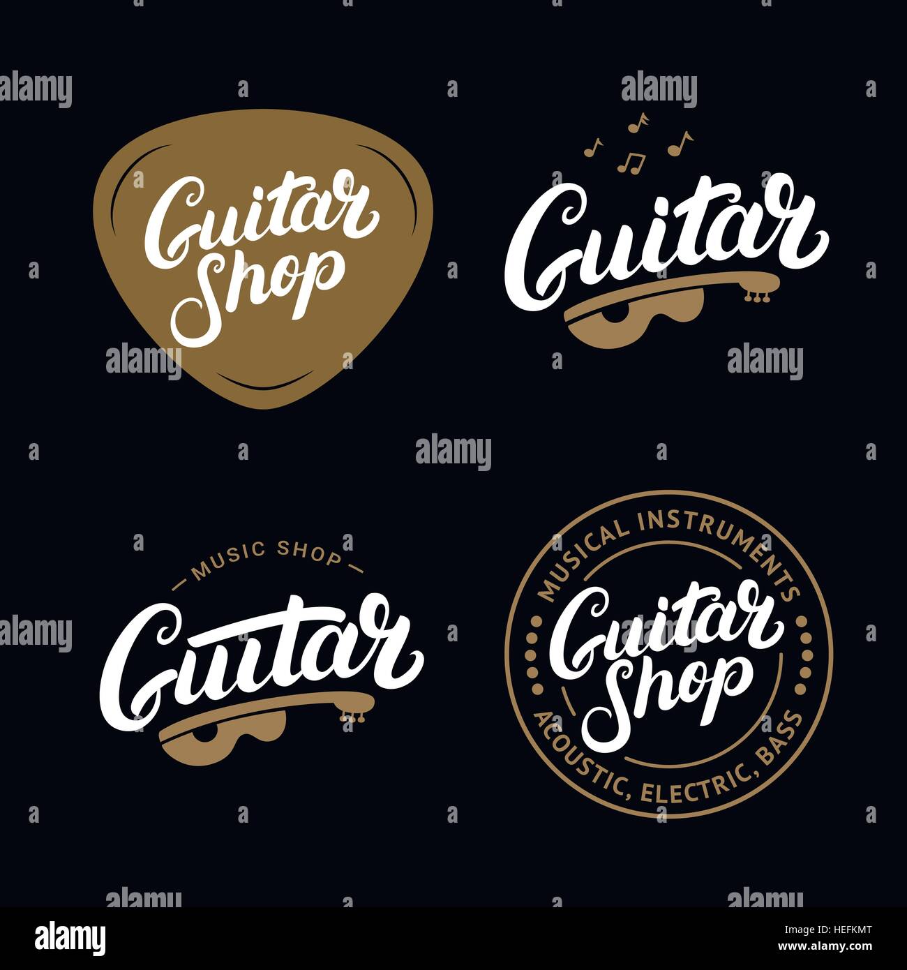 Set of guitar shop hand written lettering logos, emblems, badges