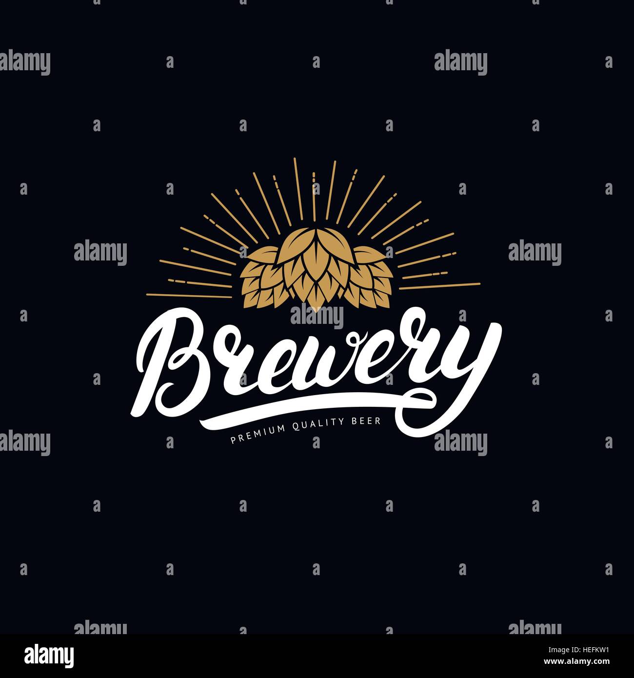 Brewery hand written lettering logo, label, badge template with hop for beer house, bar, pub, brewing company, tavern, wine whiskey market. Black back Stock Vector
