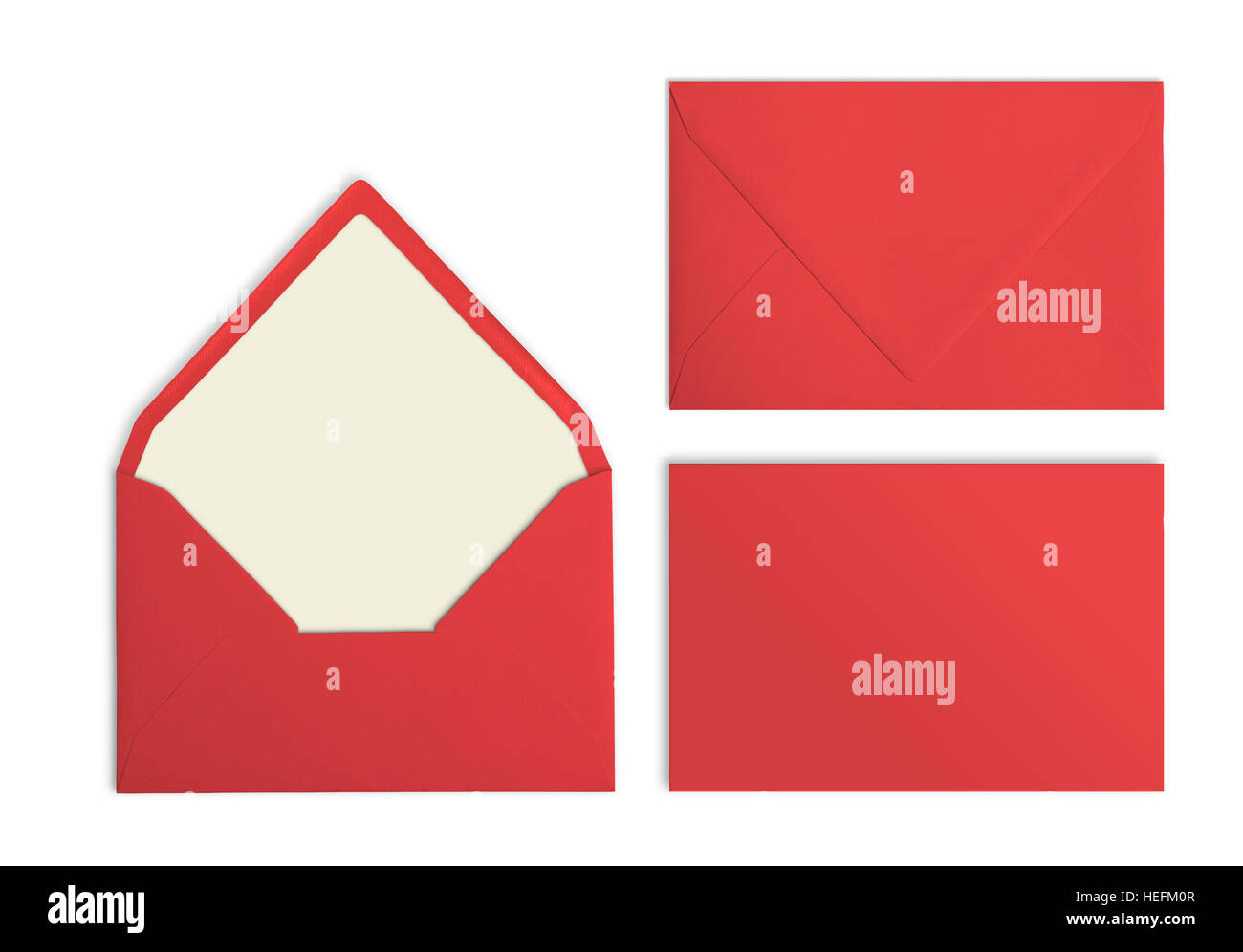 Set of coral red envelopes, Mockup. Collection on white background. Wedding stationary. Stock Photo