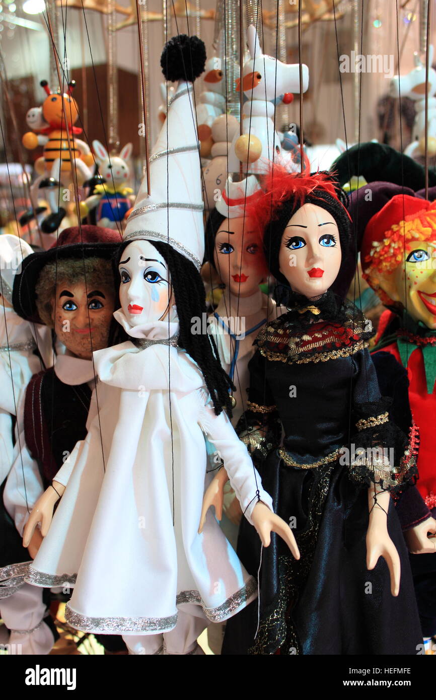 Many traditional puppets in a shop in Prague, Czech Republic Stock Photo