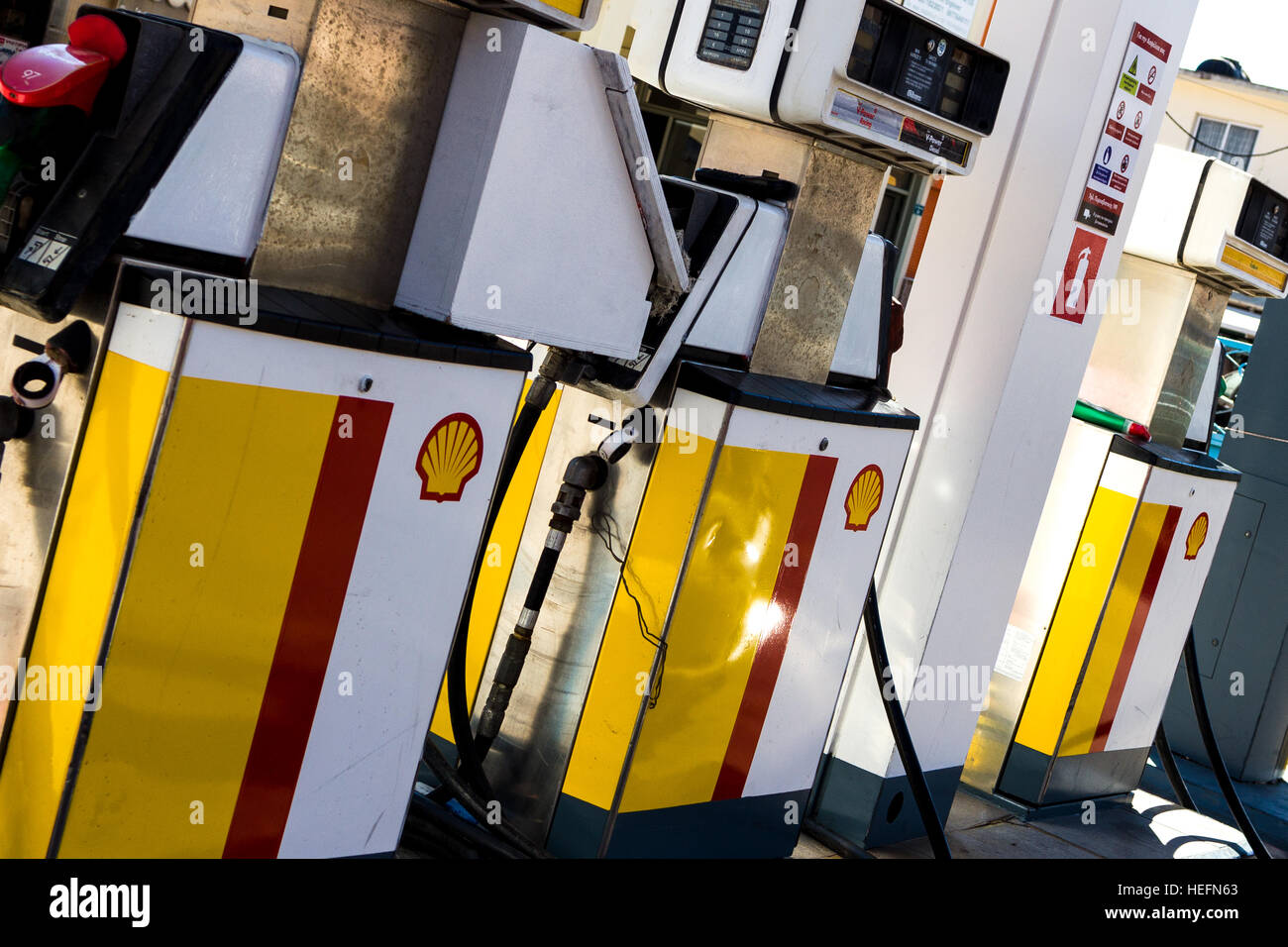 Shell petrol station pumps. Cephalonia harbour Greece Stock Photo