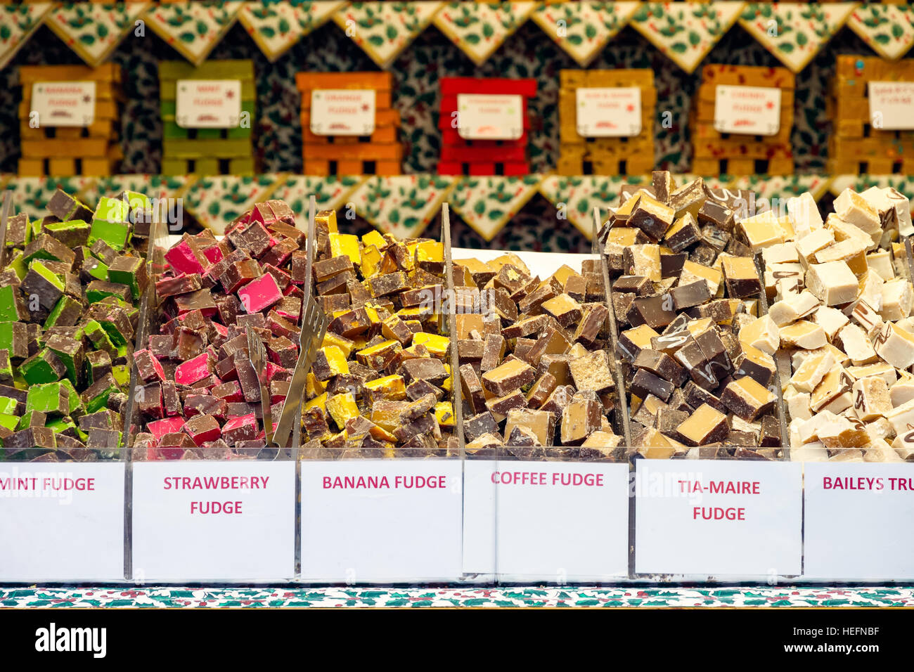 Varieties of fudge on display at Southbank Centre winter market in London Stock Photo