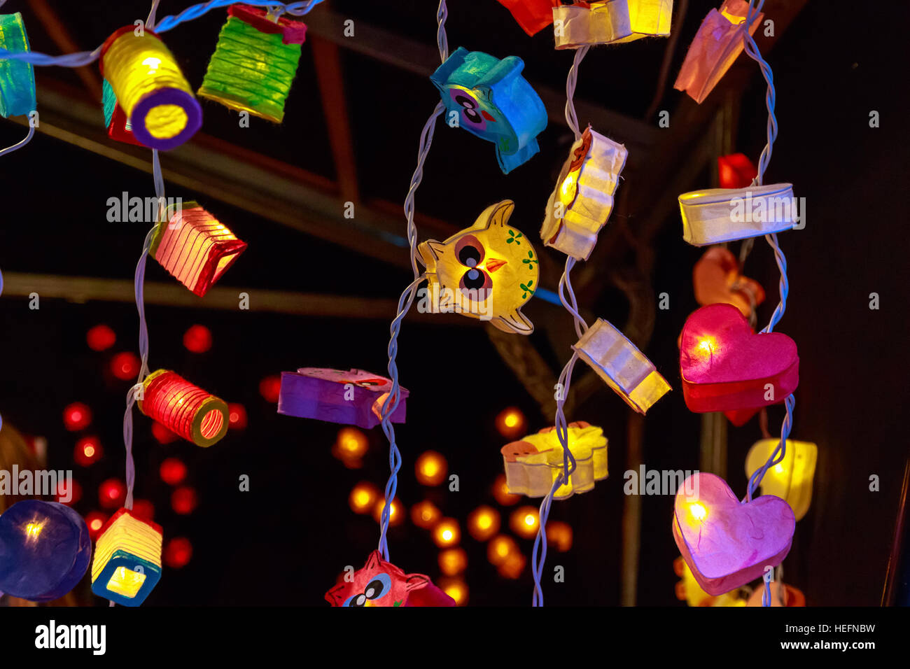 Decorative fairy lights on display at Southbank Centre winter market in London Stock Photo
