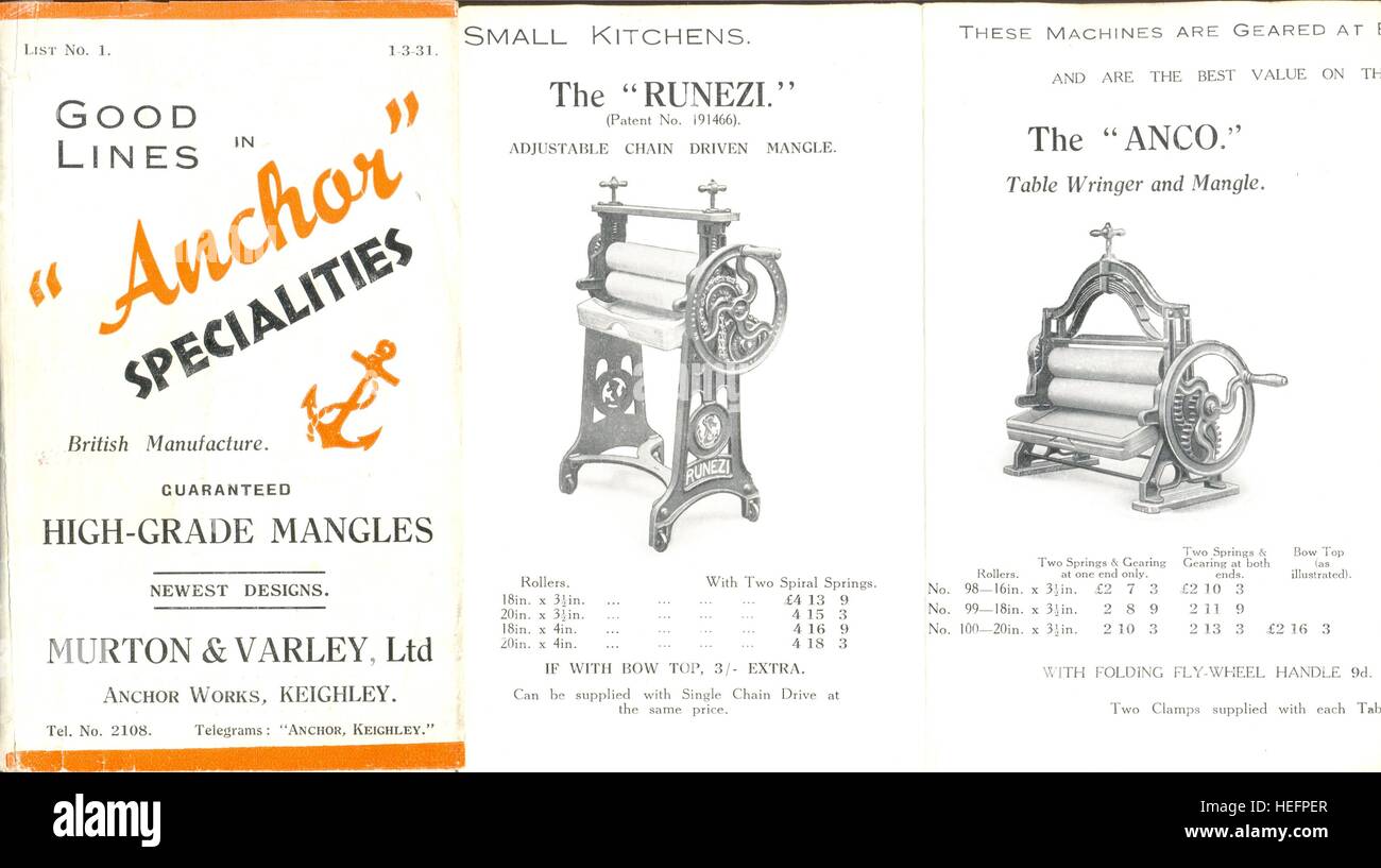 Cover and two pages of advertising leaflet for High-grade Mangles from Murton & Varley Ltd Stock Photo
