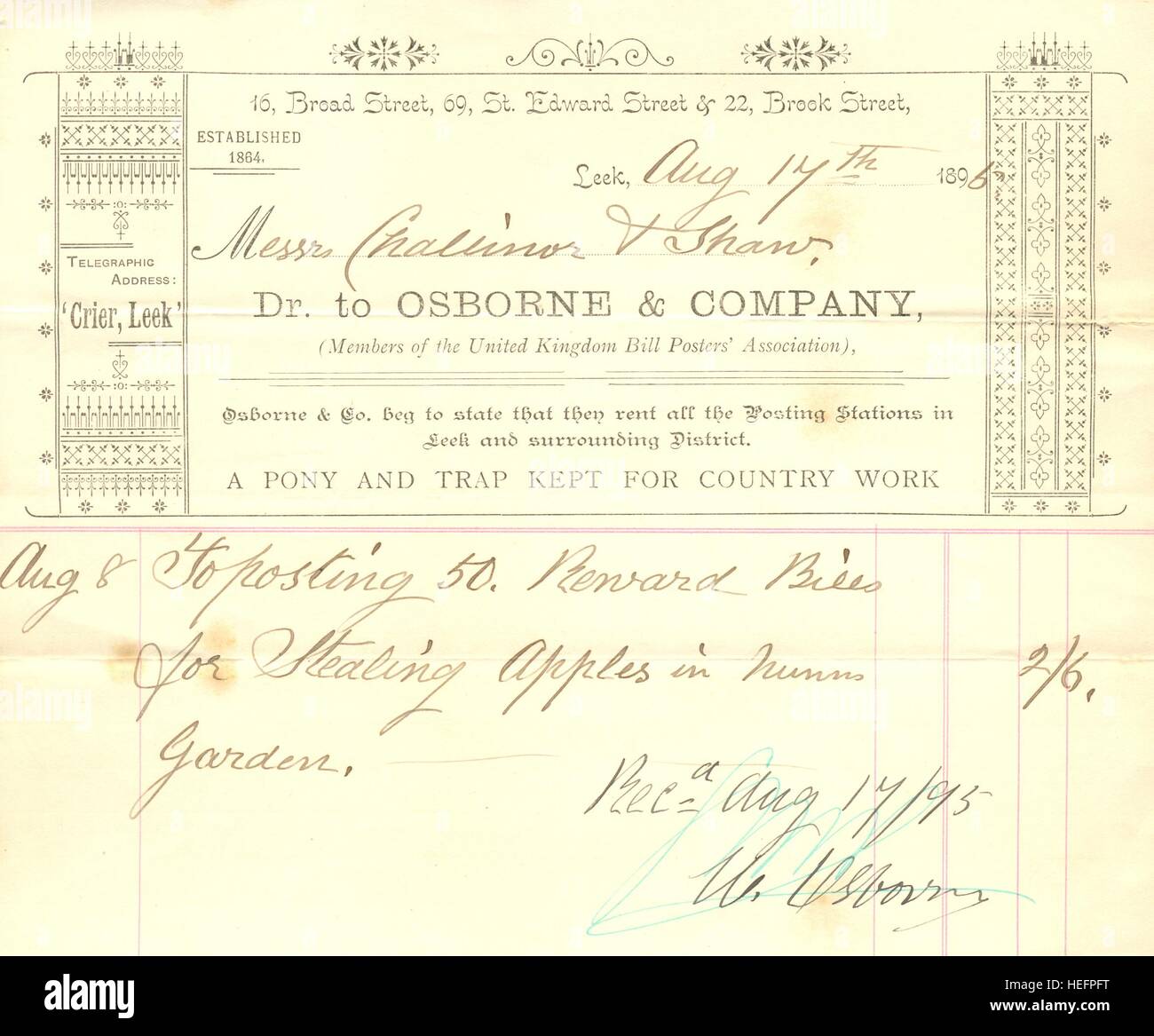Invoice for Osborne & Company, Bill Posters. 1896 Stock Photo