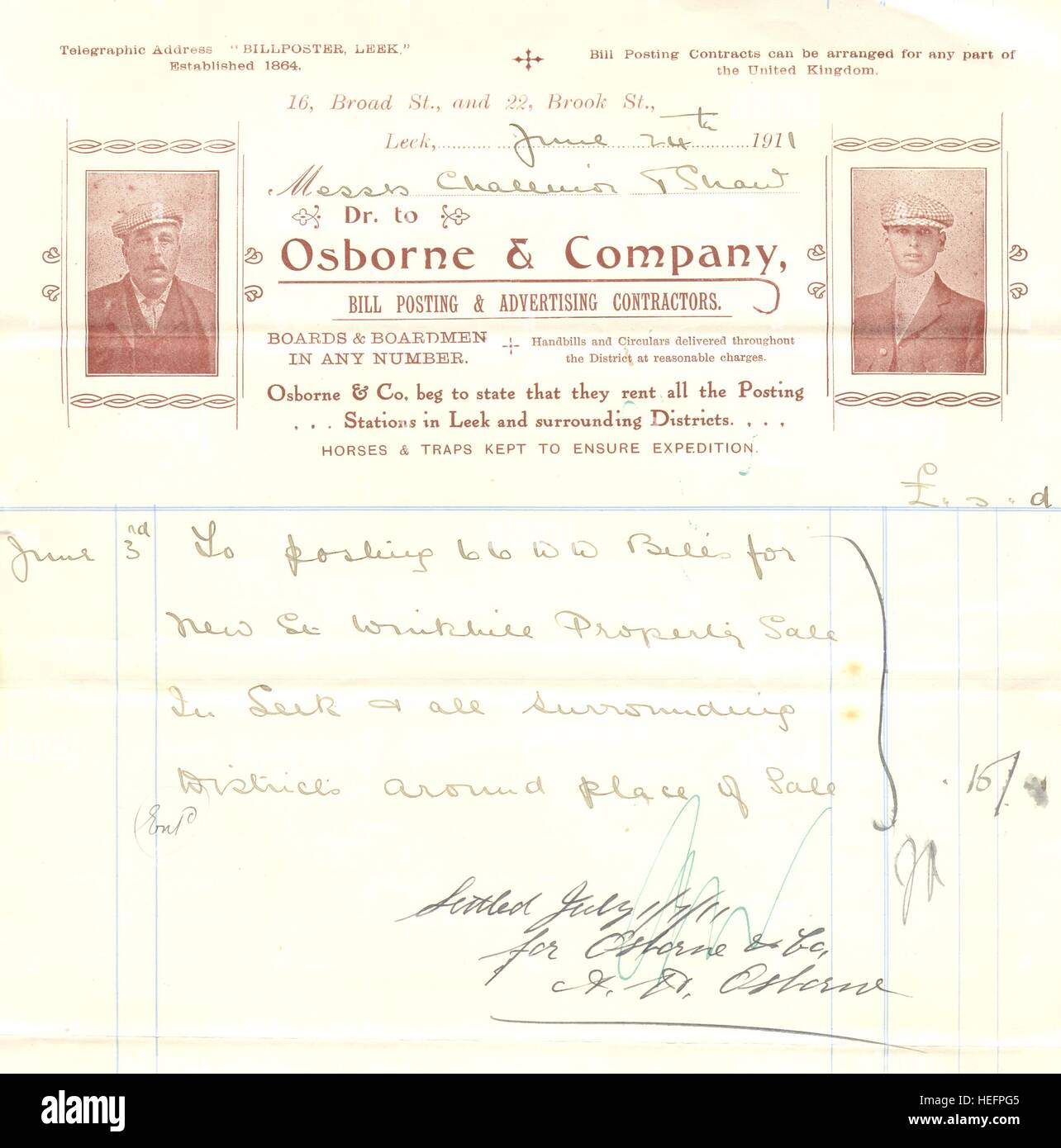 Invoice for Osborne & Company, Bill Posters.  1911 Stock Photo