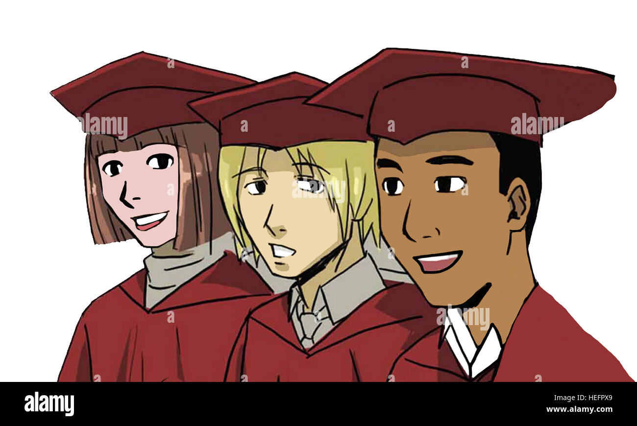 Color education illustration of three, smiling, diverse students on graduation day. Stock Photo
