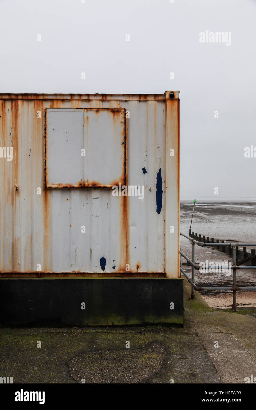 Rusting Container Used as Seafront First-Aid Office at Southend-on-Sea Stock Photo