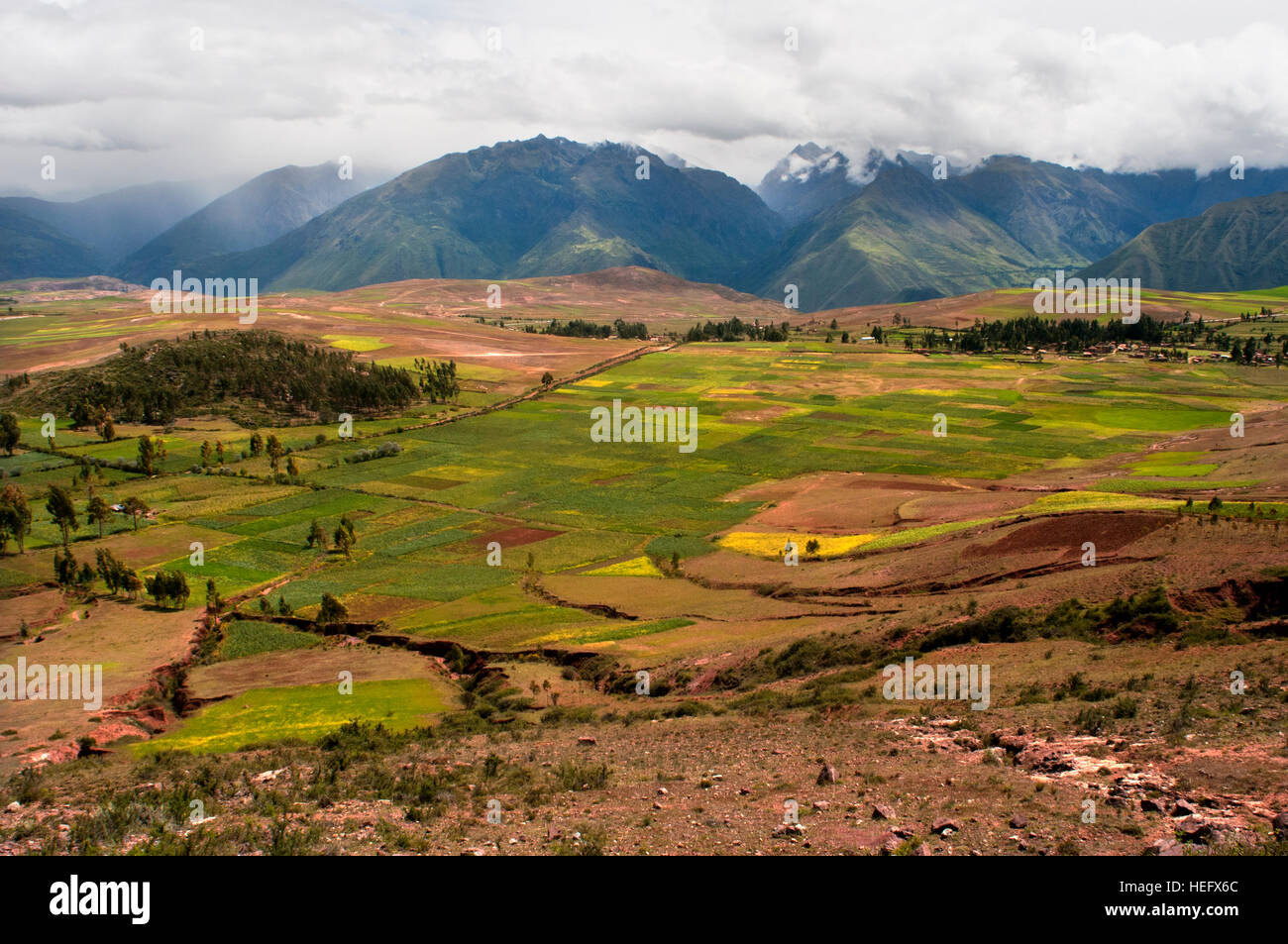 Landscape in the Sacred Valley near Cuzco. The Sacred Valley of the Incas or the Urubamba Valley is a valley in the Andes of Peru, close to the Inca c Stock Photo