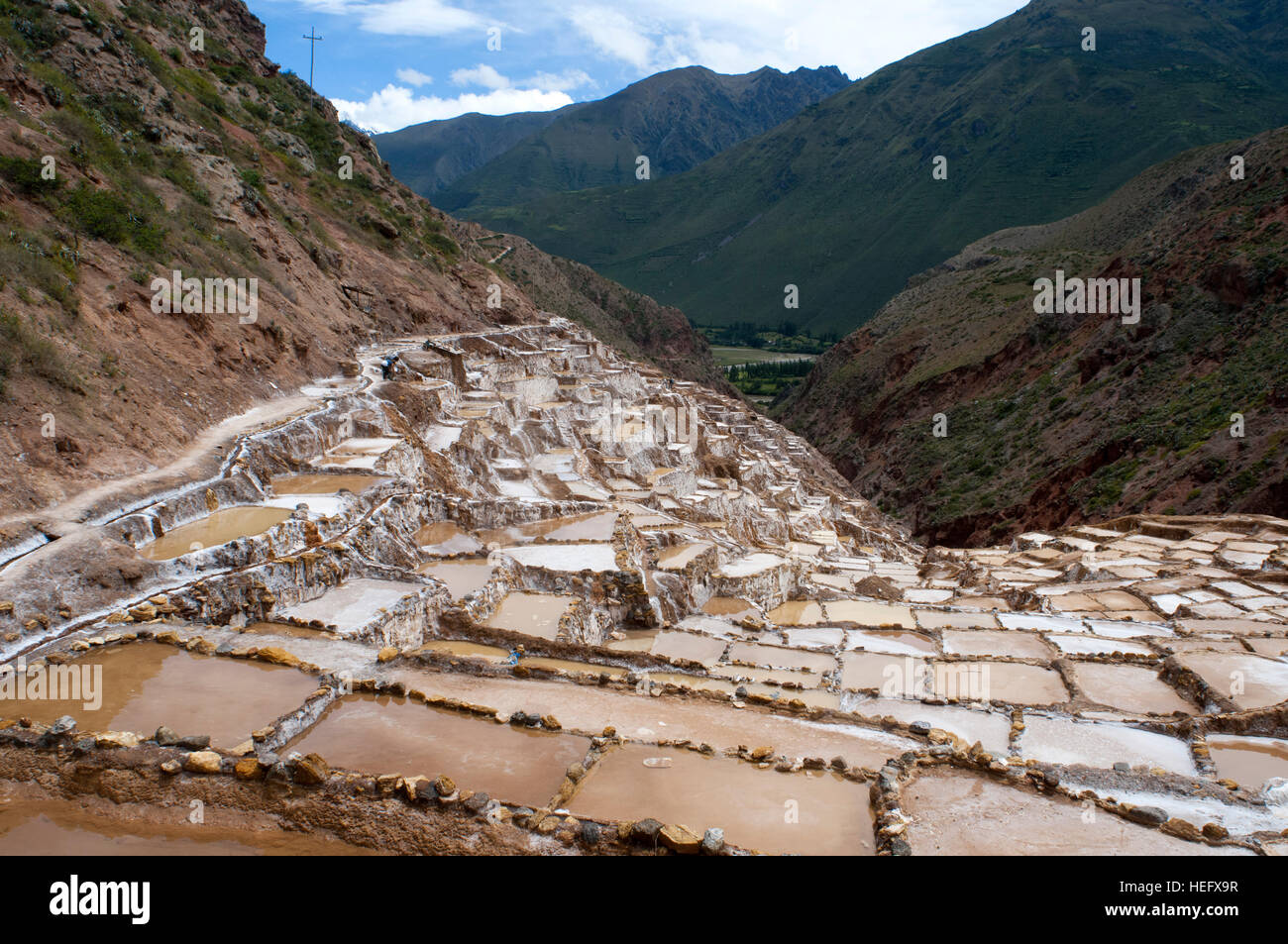 General view of the Sacred Valley near Cuzco from the salt mines of Maras. The Sacred Valley of the Incas or the Urubamba Valley is a valley in the An Stock Photo